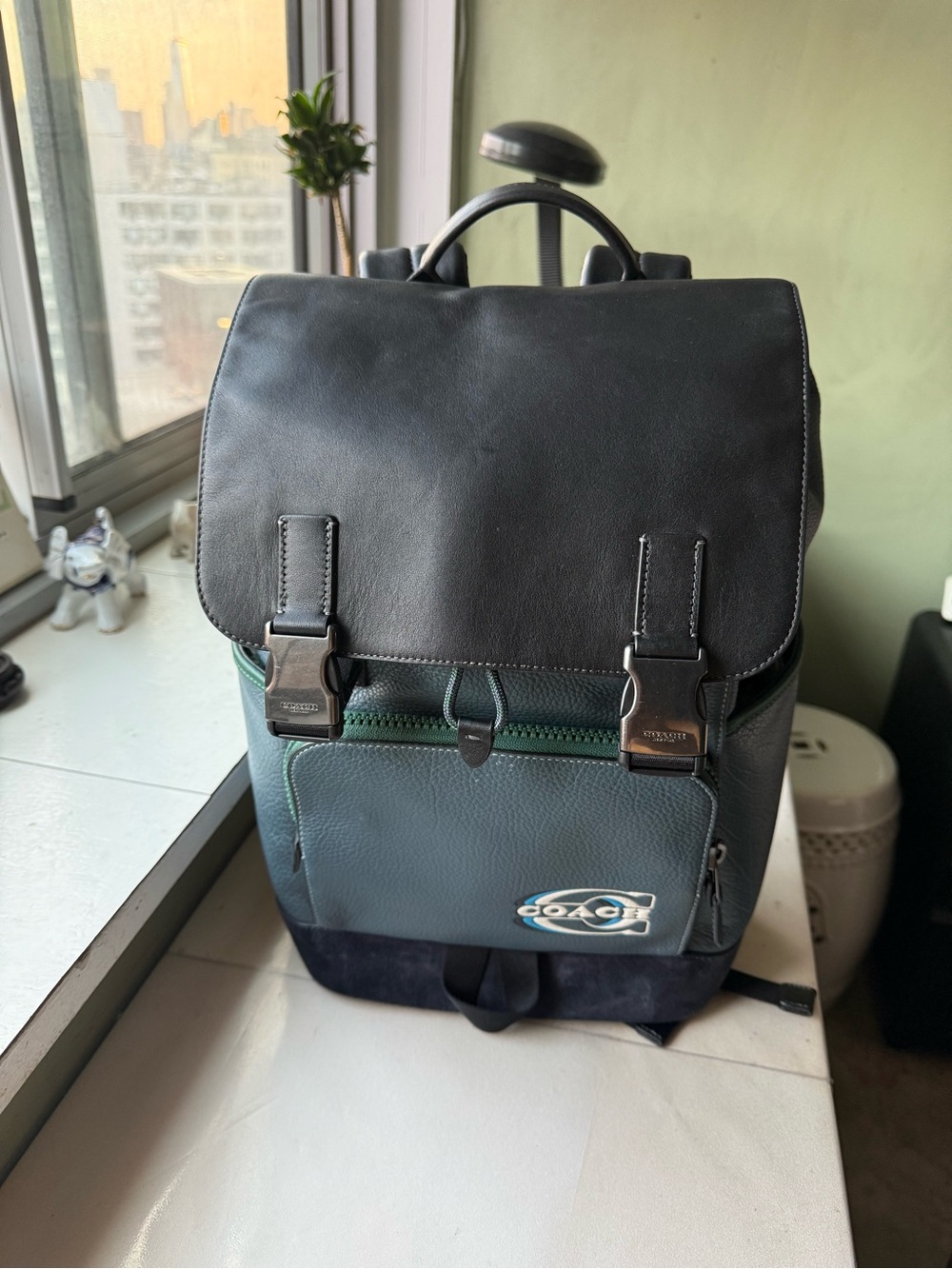 Coach Two-Tone Black and Teal Leather Backpack